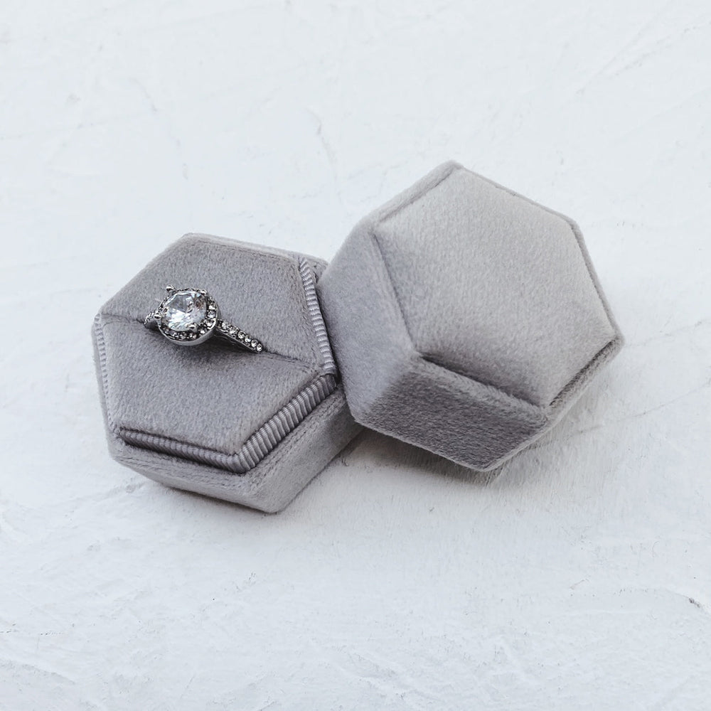Grey/Greige Hexagonal Velvet Ring Boxes - Main Image
