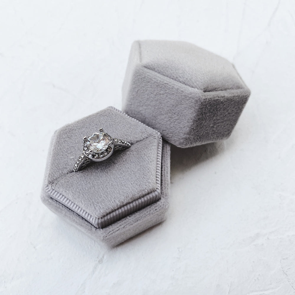 Grey Hexagonal Velvet Ring Boxes • Holder • Wedding decor
